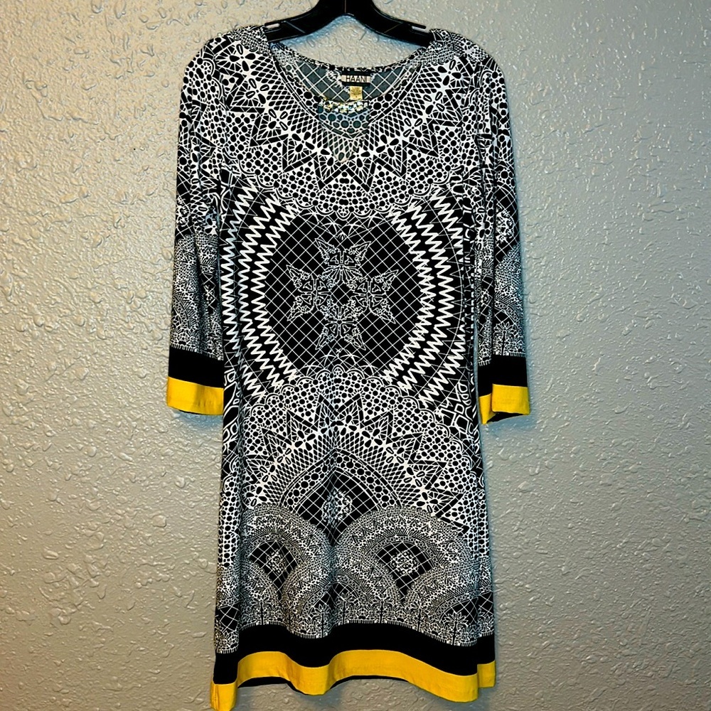 Black Print Dress White, Yellow Small Midi Long sleeve HAANI Church, Cocktail